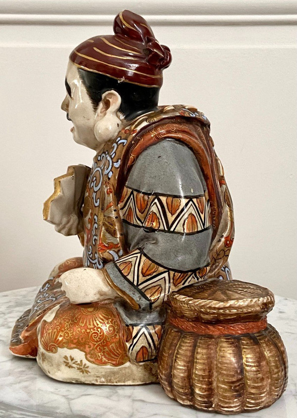 Japan, Late 19th-early 20th Century, Earthenware Statue Of Satsuma Character With Basket.