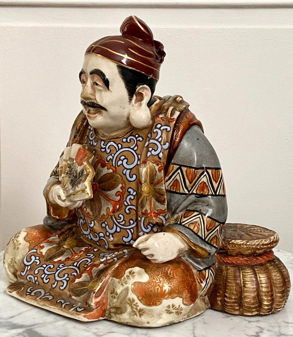 Japan, Late 19th-early 20th Century, Earthenware Statue Of Satsuma Character With Basket.