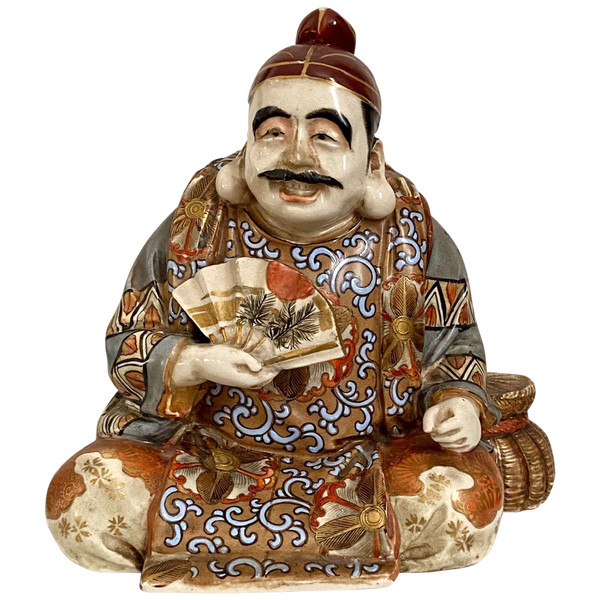 Japan, Late 19th-early 20th Century, Earthenware Statue Of Satsuma Character With Basket.