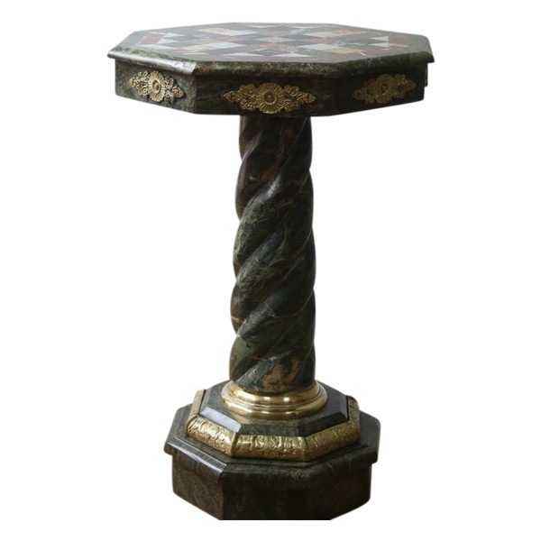 Empire-style pedestal table in green marble and marble marquetry