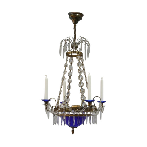 Lustre en bronze, verre taillé et verre bleu cobalt de style Gustavien, Suède