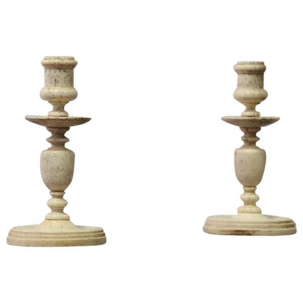 Pair of small turned bone candlesticks, 19th century