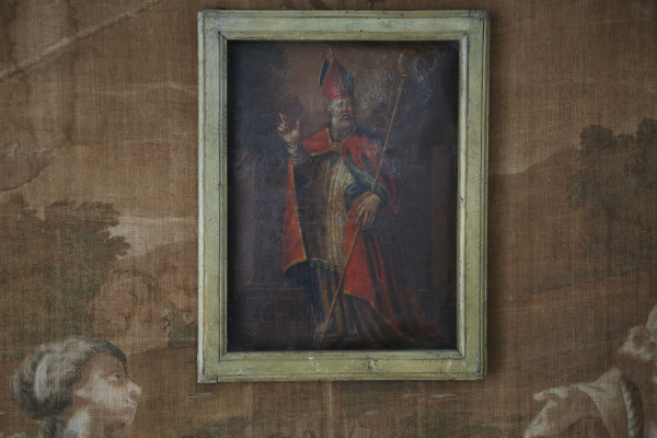 Bemaltes Leder - Fragment eines Antependiums Bischof St Martin XVIII. Jahrhundert