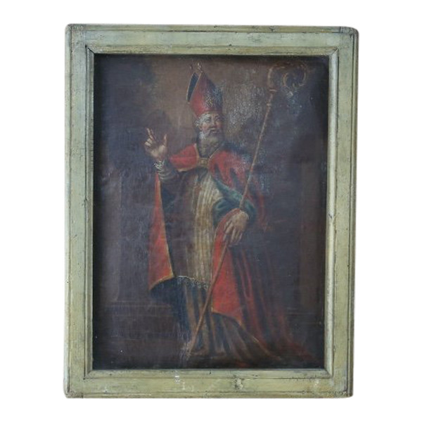 Bemaltes Leder - Fragment eines Antependiums Bischof St Martin XVIII. Jahrhundert