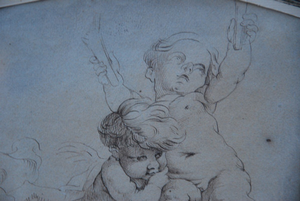 Dessin à La Plume Deux Putti, école XVIIIe d'après Boucher