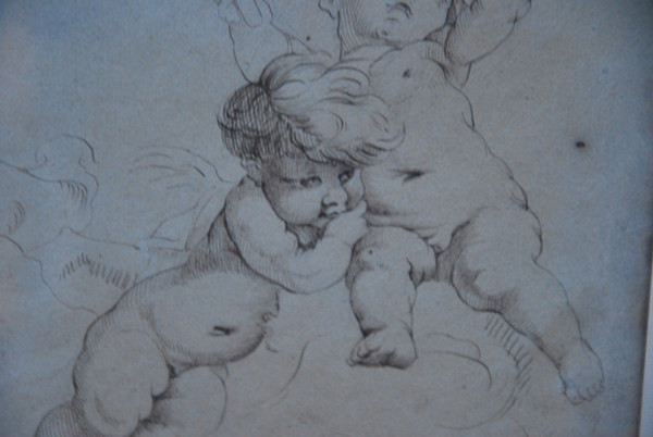 Dessin à La Plume Deux Putti, école XVIIIe d'après Boucher