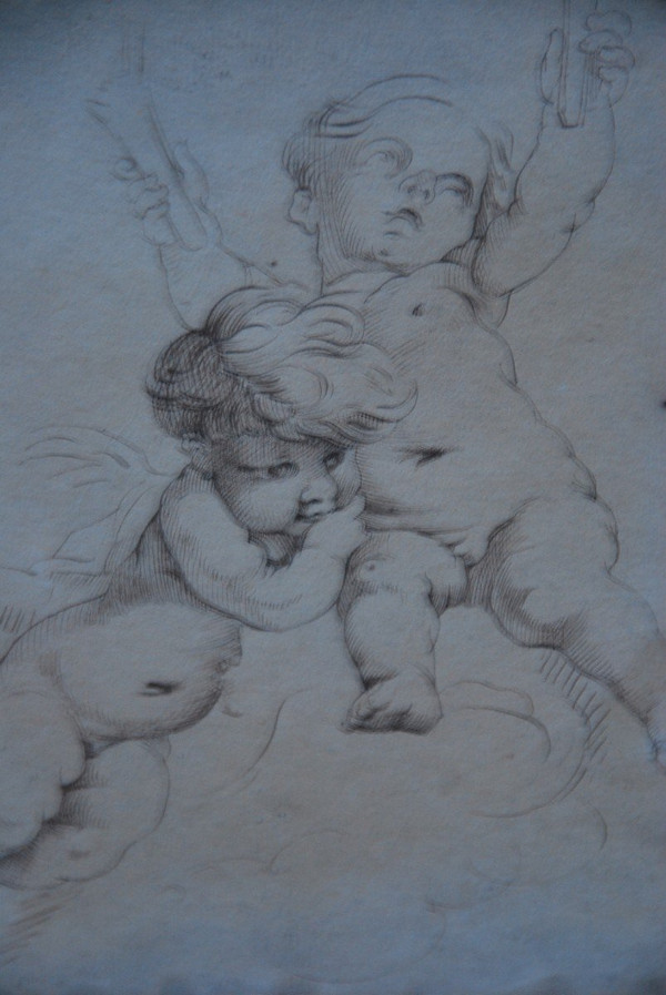 Dessin à La Plume Deux Putti, école XVIIIe d'après Boucher