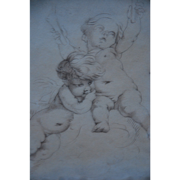 Dessin à La Plume Deux Putti, école XVIIIe d'après Boucher