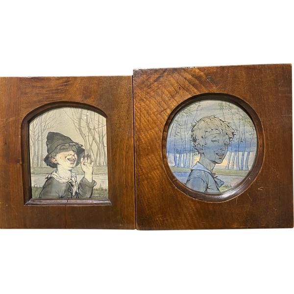 Art Nouveau Work - Two Portraits of Children - Indecipherable Signatures