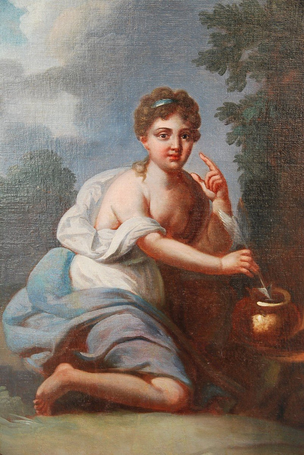 Huile XVIIIe siècle Jeune Femme à  L Amour