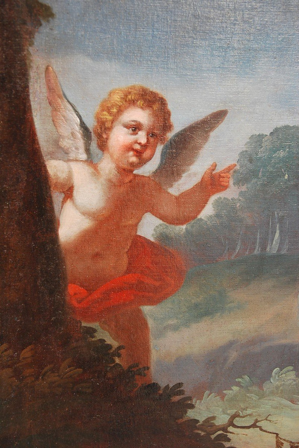 Huile XVIIIe siècle Jeune Femme à  L Amour