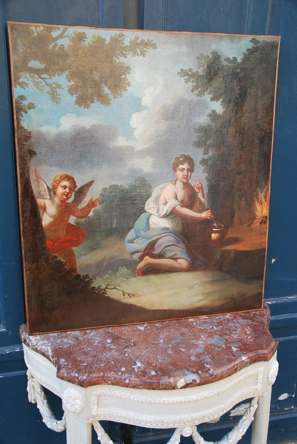 Huile XVIIIe siècle Jeune Femme à  L Amour