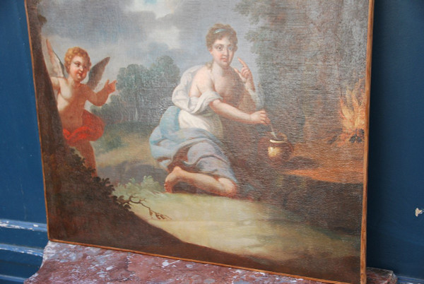 Huile XVIIIe siècle Jeune Femme à  L Amour