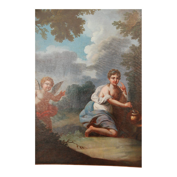 Huile XVIIIe siècle Jeune Femme à  L Amour