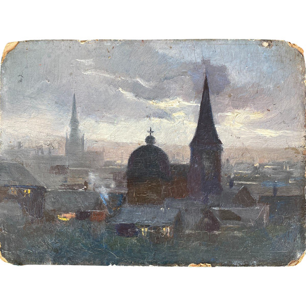 Scuola belga - Veduta dei tetti di Liegi, 1899 - Firmato sul retro