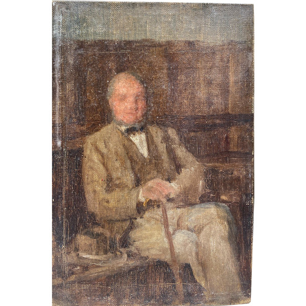 Scuola impressionista inglese 1890 circa - Ritratto di uomo con cappello e bastone