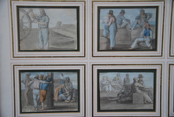Schulset aus dem 19. Jahrhundert mit sechs Gouachen von Matrosen