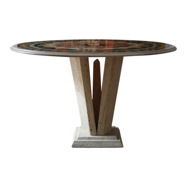 Table en travertin et marqueterie de marbre, travail Italien XXème siècle.