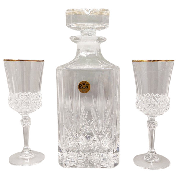 1970 Bellissimo decanter in cristallo con 2 bicchieri in cristallo della RCR. Fatto in Italia