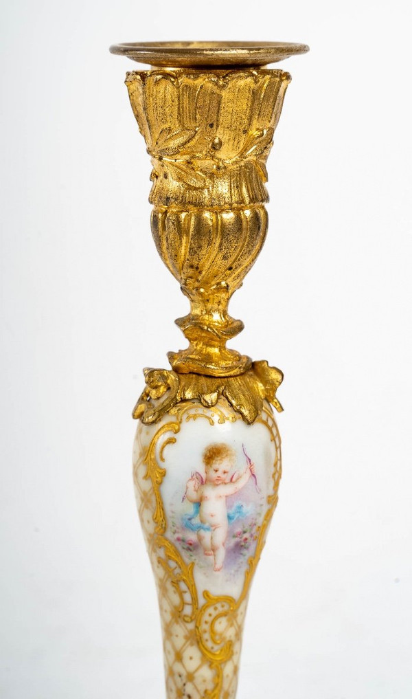 Pair Of Small Miniature Candlesticks In Porcelain And Gilt Bronze 19th Century