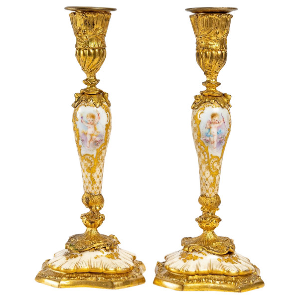 Pair Of Small Miniature Candlesticks In Porcelain And Gilt Bronze 19th Century