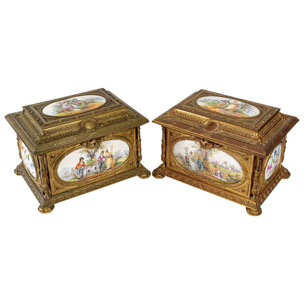 Importante Paire De Coffrets A Bijoux En Bronze Doré Et Plaques En Porcelaine XIXème Siècle