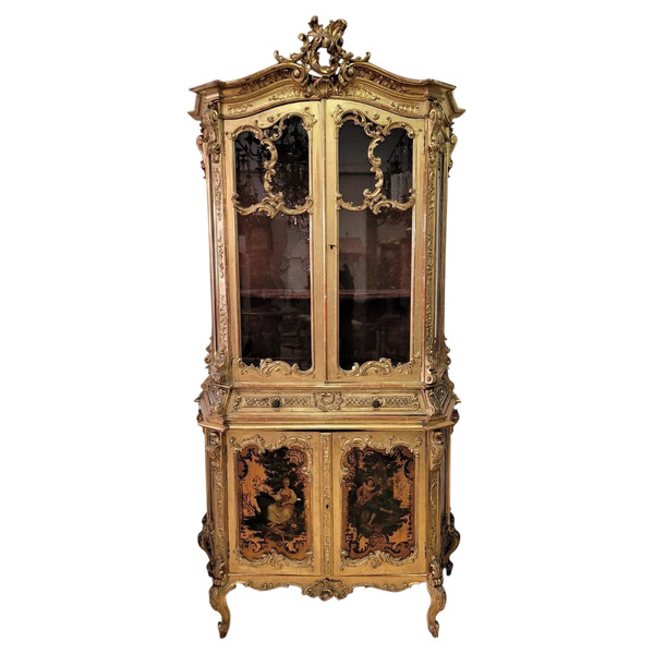 Vitrine En Bois Doré Et Vernis Martin Fin XIXème Siècle