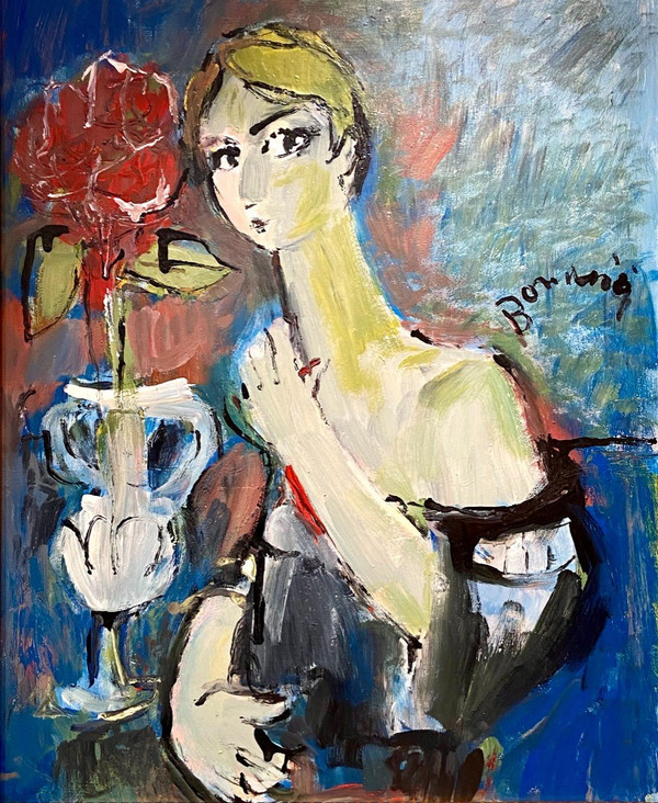 Mario Bonamici (1912-2002), Young Elegant Painting a La Fleur Rouge.
