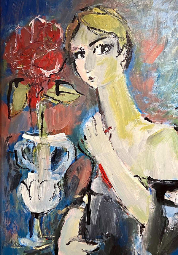 Mario Bonamici (1912-2002), Young Elegant Painting a La Fleur Rouge.