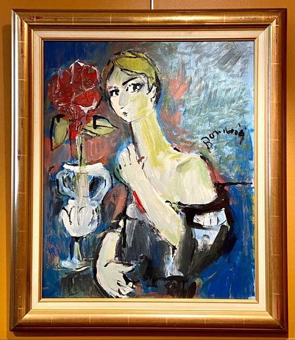 Mario Bonamici (1912-2002), Young Elegant Painting a La Fleur Rouge.