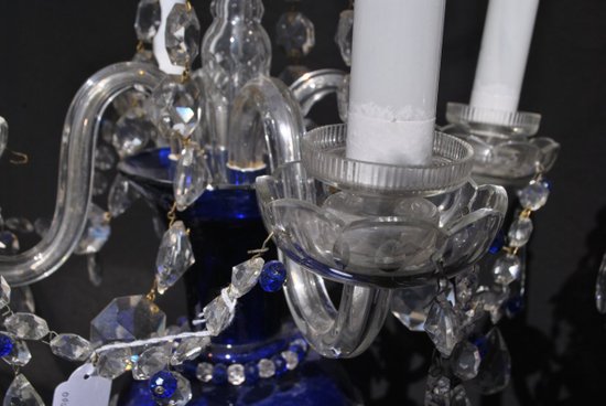 Pair Of Blue Blown Glass And Bohemian Crystal Lamp XIX or XX