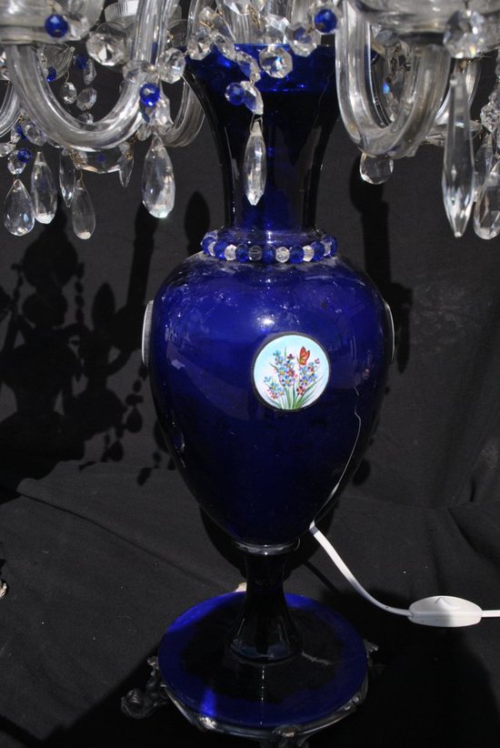 Pair Of Blue Blown Glass And Bohemian Crystal Lamp XIX or XX