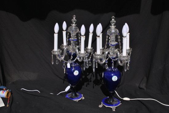 Pair Of Blue Blown Glass And Bohemian Crystal Lamp XIX or XX