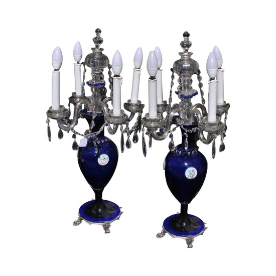 Paire Lampe Verre Souffle Bleu Et Cristal bohème  XIX ou XX