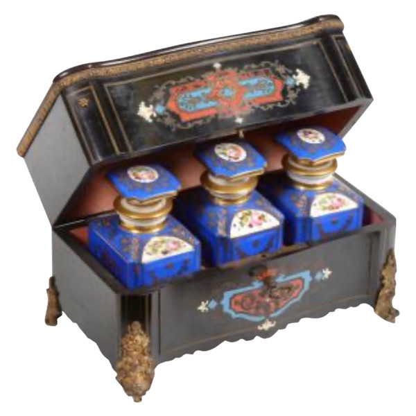 Scatola Di Bottiglie Di Profumo In Ebano E Boulle Intarsio