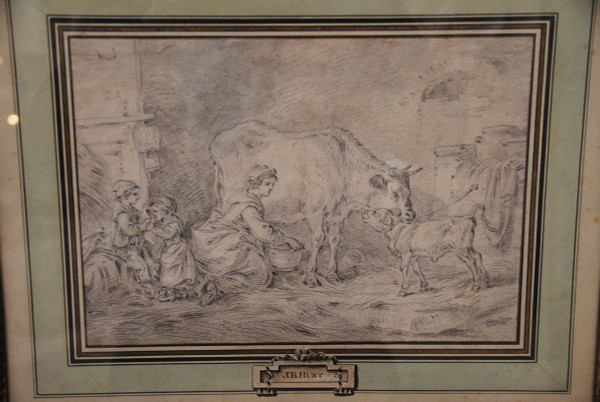Dessin XVIIIe Suiveur De Jean Baptiste Huet, fermière et ses enfants
