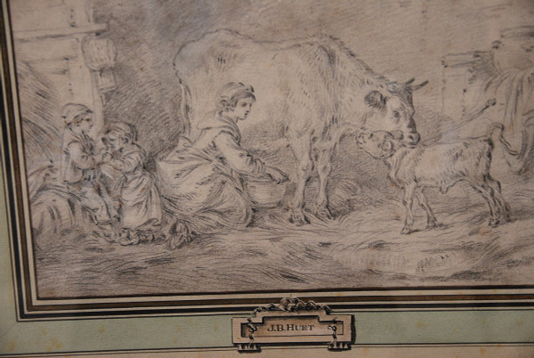 Dessin XVIIIe Suiveur De Jean Baptiste Huet, fermière et ses enfants