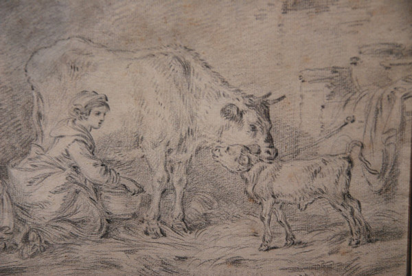 Dessin XVIIIe Suiveur De Jean Baptiste Huet, fermière et ses enfants