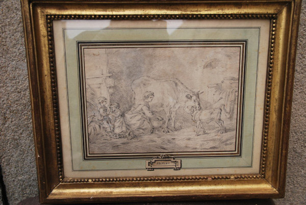 Dessin XVIIIe Suiveur De Jean Baptiste Huet, fermière et ses enfants