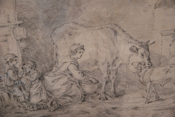 Dessin XVIIIe Suiveur De Jean Baptiste Huet, fermière et ses enfants