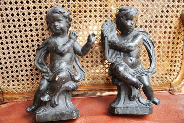 Pair Of 18th Century Wooden Putti Musicians