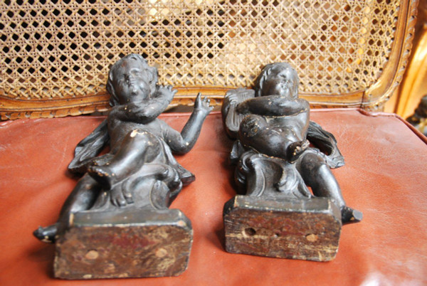 Pair Of 18th Century Wooden Putti Musicians