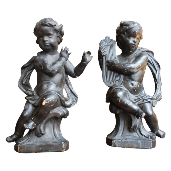 Pair Of 18th Century Wooden Putti Musicians