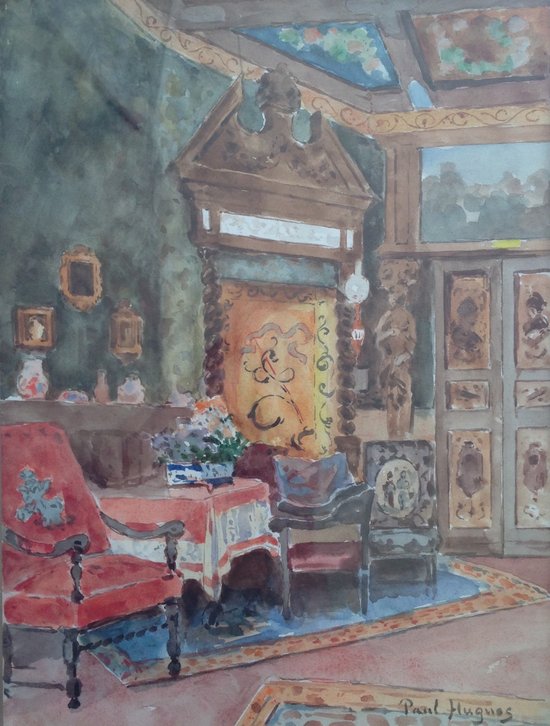 Paul HUGUES (1891-1950) - Acquerello - Interni in stile Luigi XIII