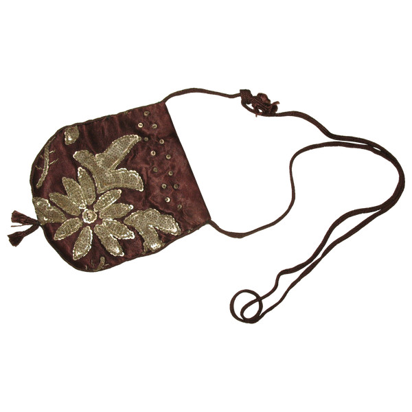 Reticule minaudière borsetta in raso ricamata con filo d'argento e canetilles XIX secolo