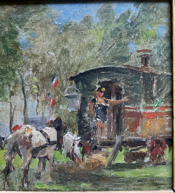 Scuola Post-Impressionista Francese Circa 1910 - Luna park o circo, Davanti alla Roulotte