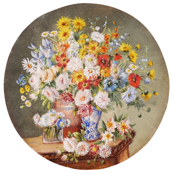 École française circa 1900, Nature morte aux vases et verre de fleurs sur un entablement
