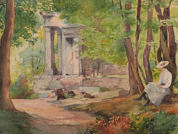 H. ROBIEN, Femme lisant  dans le parc de Jean-Jacques Rousseau à Ermenonville