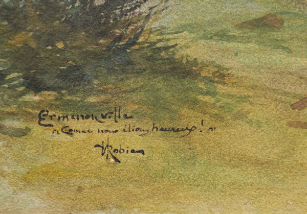 H. ROBIEN, Femme lisant  dans le parc de Jean-Jacques Rousseau à Ermenonville