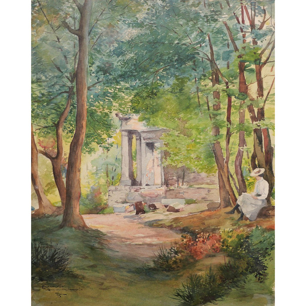 H. ROBIEN, Femme lisant  dans le parc de Jean-Jacques Rousseau à Ermenonville